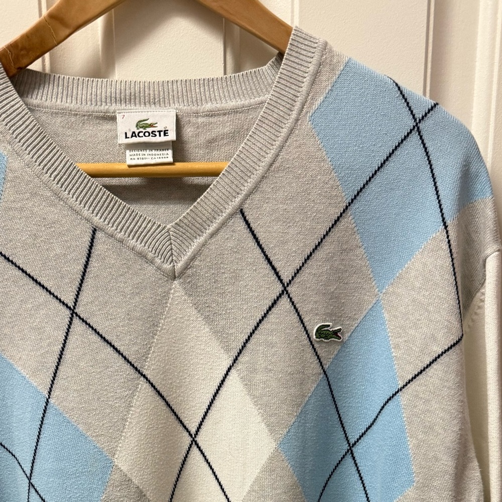 Lacoste Men's V-Neck Argyle Sweater - Light Blue and White